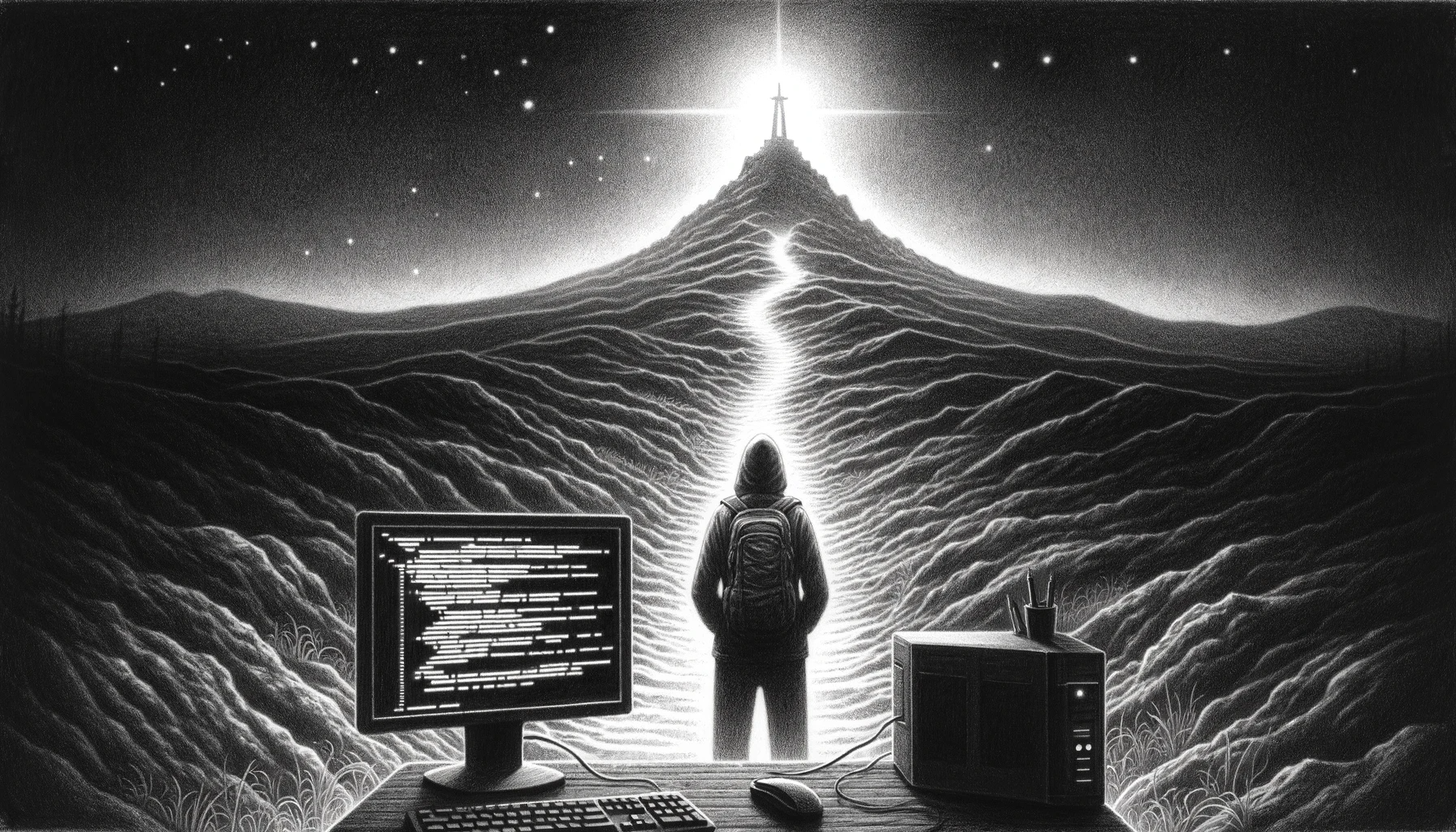 AI Product Development Journey (Header Image): An engineer and computer peering off into the distance searching for evaluation enlightenment